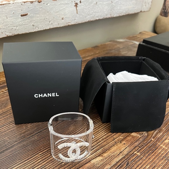 Authentic Chanel Clear Resin/Lucite Crystal CC Wide Cuff Bracelet - Picture 1 of 14